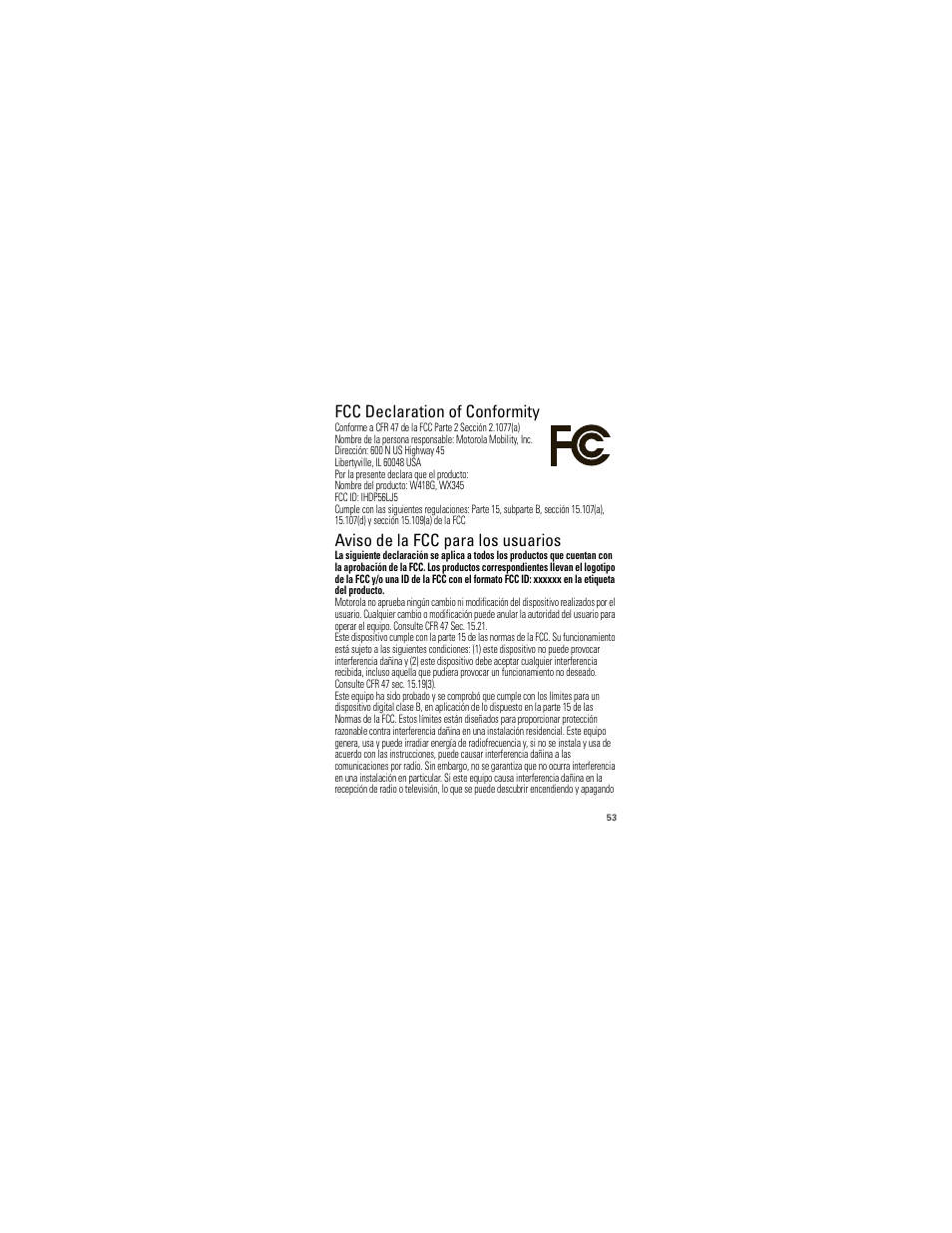 Fcc doc, Aviso de la fcc, Fcc declaration of conformity | Aviso de la fcc para los usuarios | Motorola W418G User Manual | Page 119 / 134