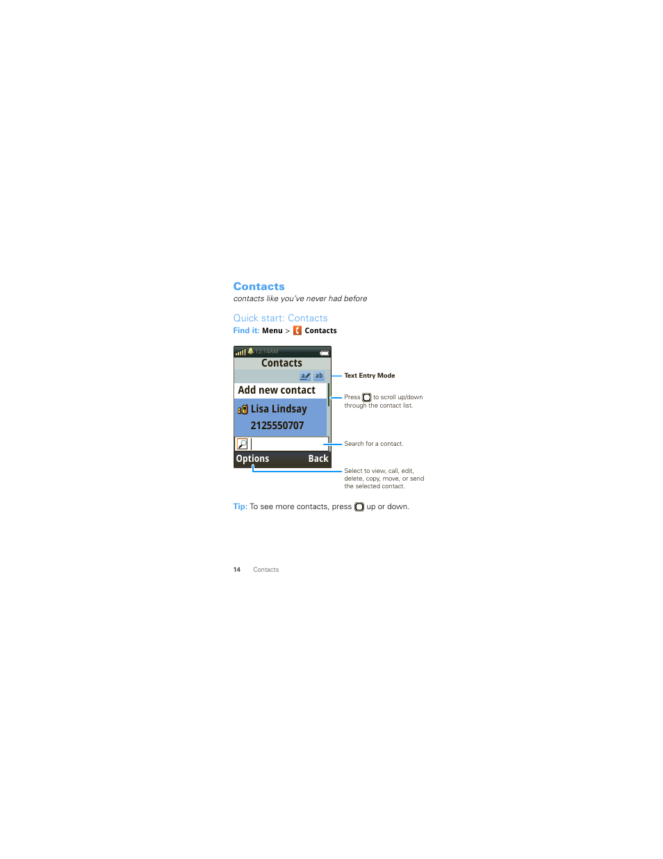 Contacts, Quick start: contacts | Motorola W418G User Manual | Page 16 / 134