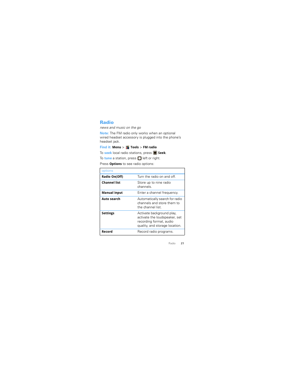 Radio | Motorola W418G User Manual | Page 23 / 134