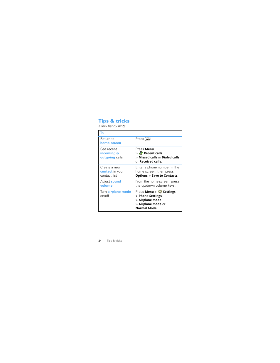 Tips & tricks | Motorola W418G User Manual | Page 26 / 134