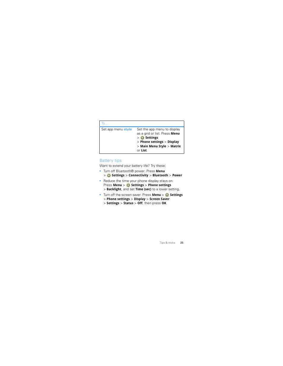 Battery tips | Motorola W418G User Manual | Page 27 / 134