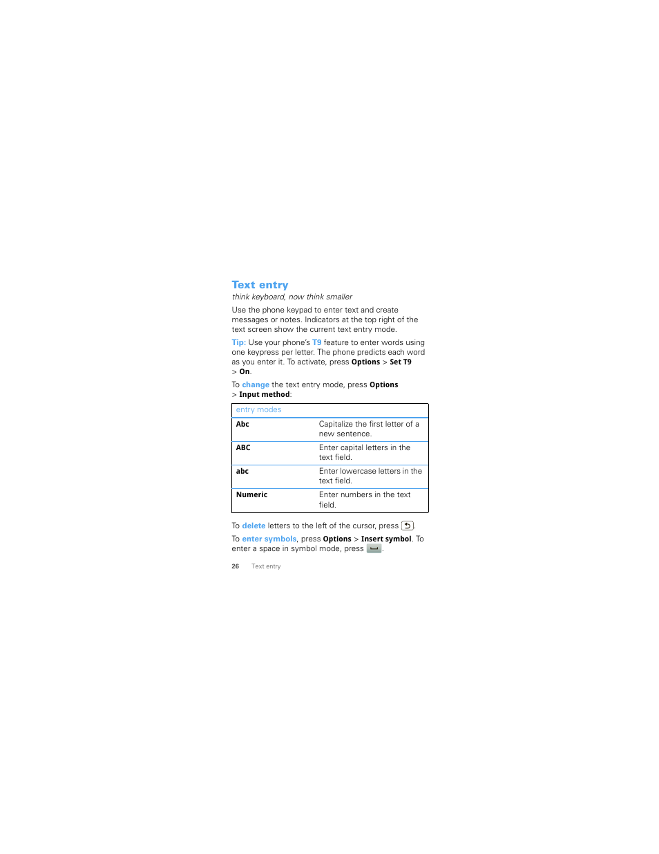 Text entry | Motorola W418G User Manual | Page 28 / 134