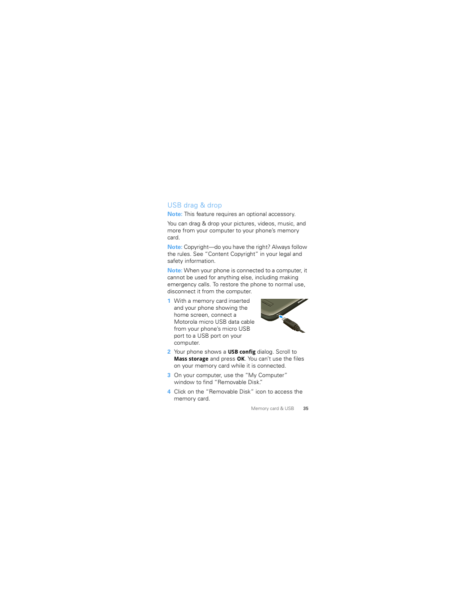 Usb drag & drop | Motorola W418G User Manual | Page 37 / 134