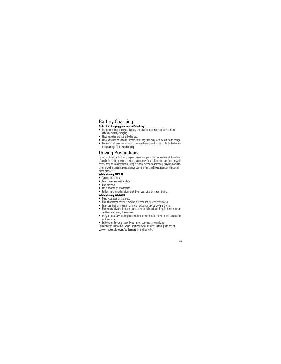 Battery charging, Driving precautions | Motorola W418G User Manual | Page 45 / 134