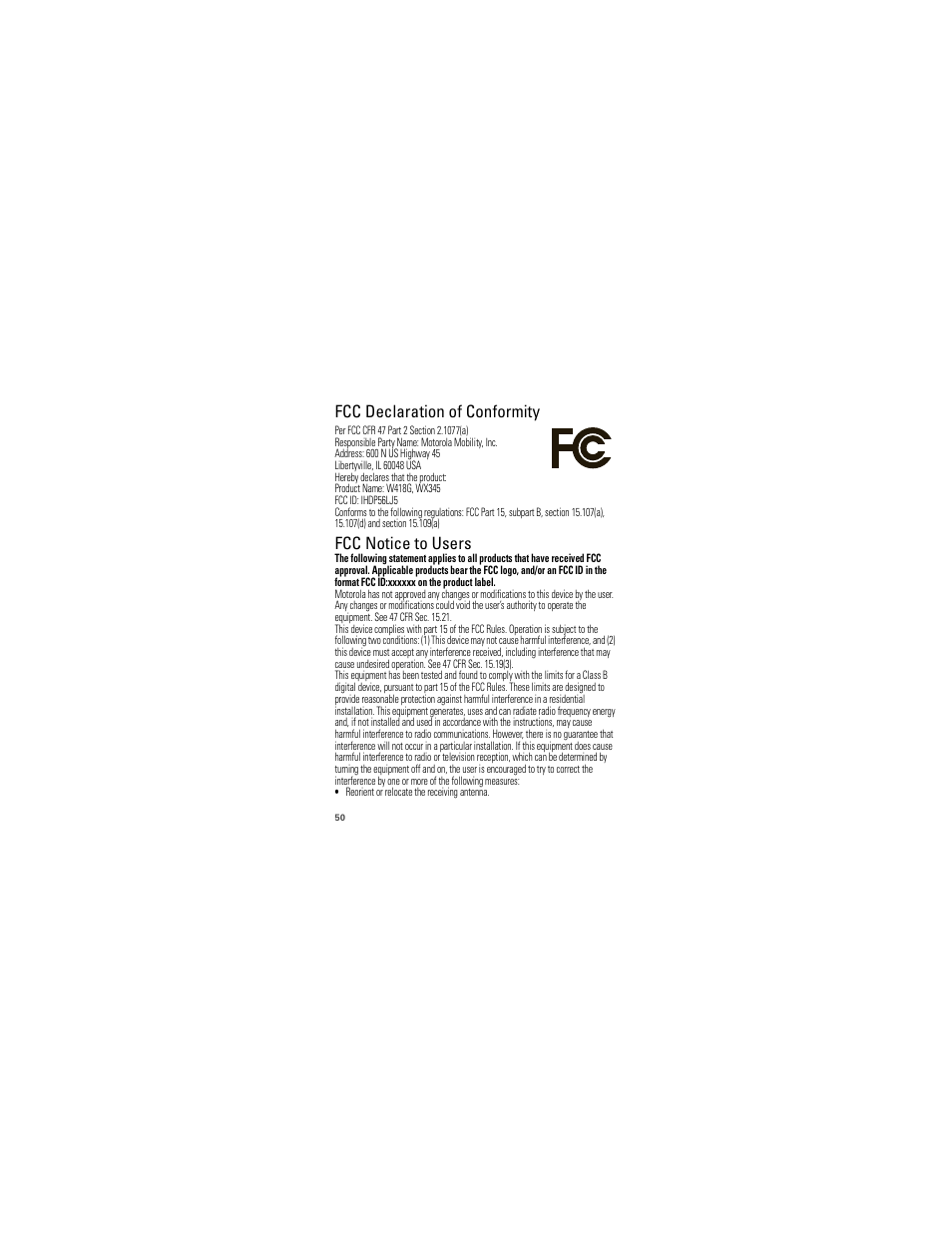 Fcc doc, Fcc notice, Fcc declaration of conformity | Fcc notice to users | Motorola W418G User Manual | Page 52 / 134