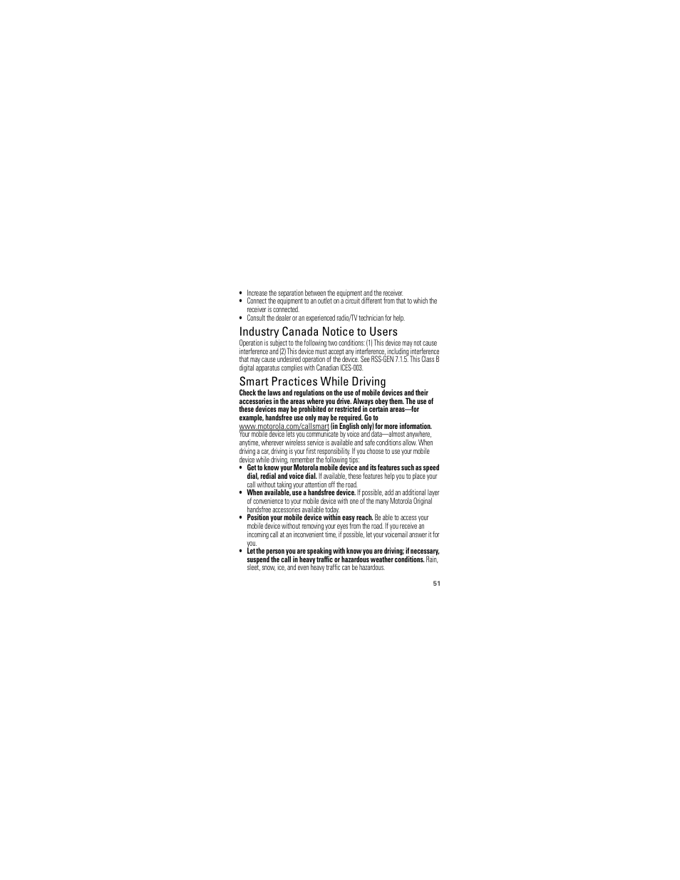 Industry canada notice, Driving safety, Industry canada notice to users | Smart practices while driving | Motorola W418G User Manual | Page 53 / 134