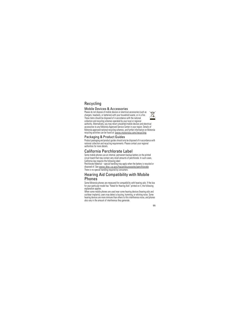 Recycling, Perchlorate label, Hearing aid compatibility | California perchlorate label, Hearing aid compatibility with mobile phones | Motorola W418G User Manual | Page 57 / 134