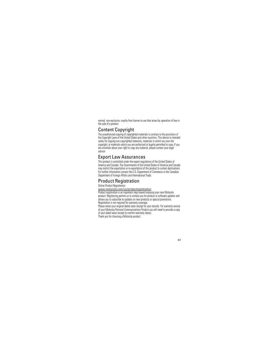 Content copyright, Export law, Registration | Export law assurances, Product registration | Motorola W418G User Manual | Page 59 / 134