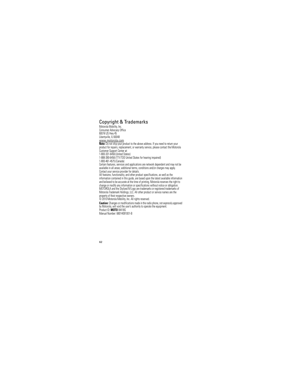 Copyright & trademarks | Motorola W418G User Manual | Page 64 / 134