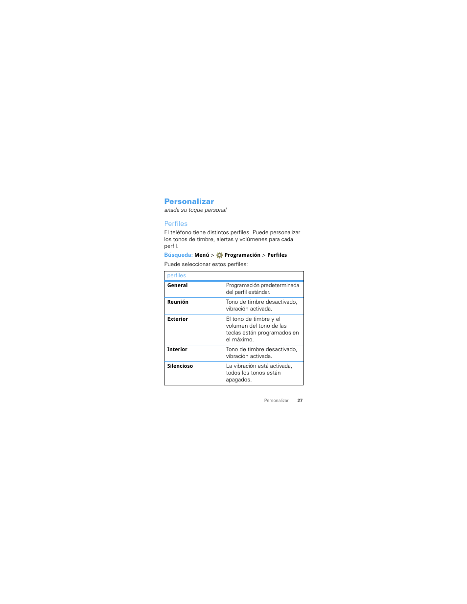 Personalizar, Perfiles | Motorola W418G User Manual | Page 93 / 134