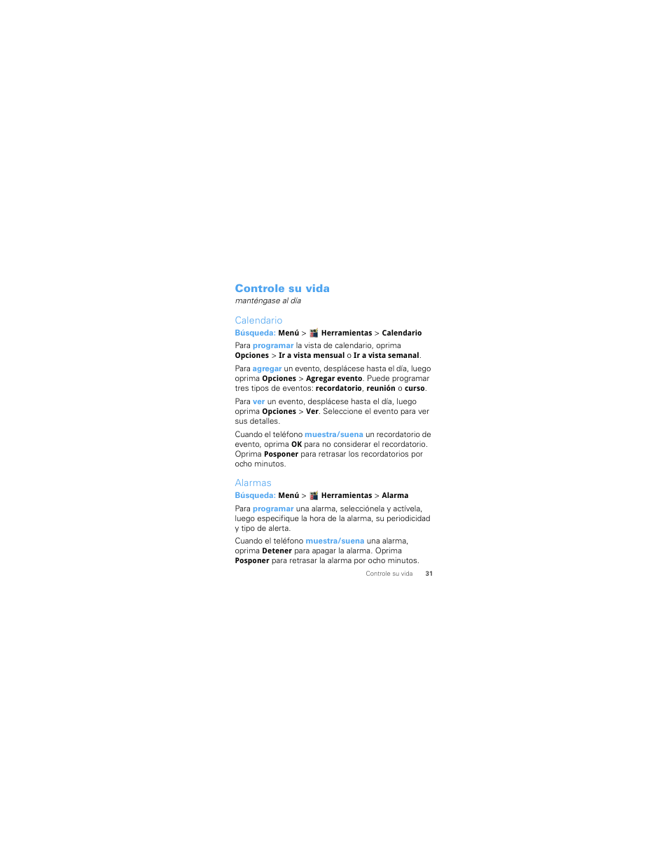 Controle su vida, Calendario, Alarmas | Motorola W418G User Manual | Page 97 / 134