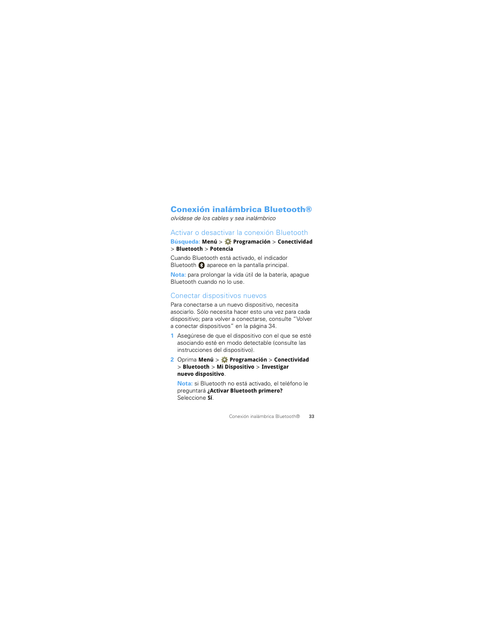 Conexión inalámbrica bluetooth, Activar o desactivar la conexión bluetooth, Conectar dispositivos nuevos | Motorola W418G User Manual | Page 99 / 134