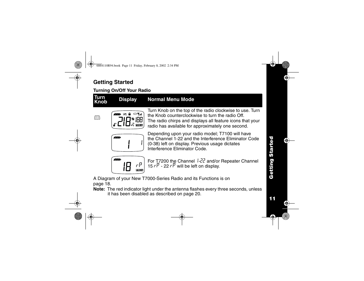 Getting started, Turning radio on/off | Motorola T7200 User Manual | Page 16 / 66