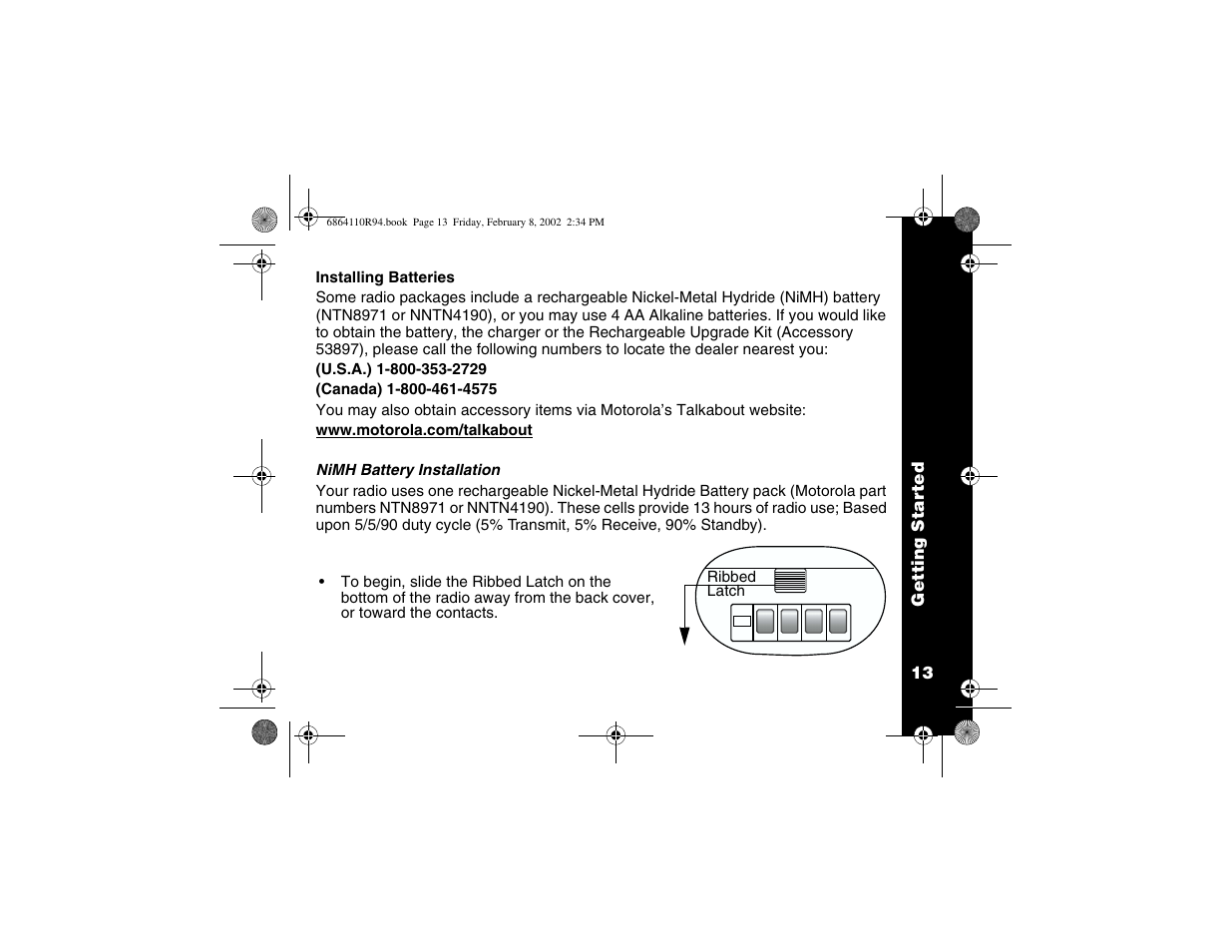 Installing batteries, Nimh | Motorola T7200 User Manual | Page 18 / 66