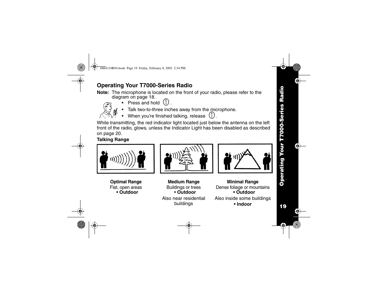 Operating your radio, Talking and talk ranges | Motorola T7200 User Manual | Page 24 / 66