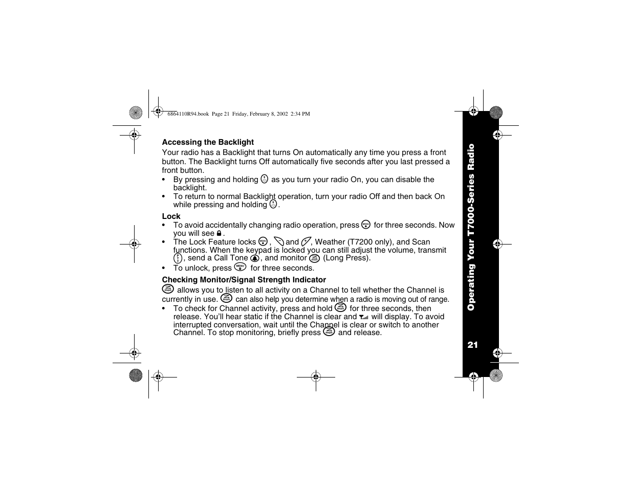 Accessing backlight, Lock, Checking monitor/signal strength | Motorola T7200 User Manual | Page 26 / 66