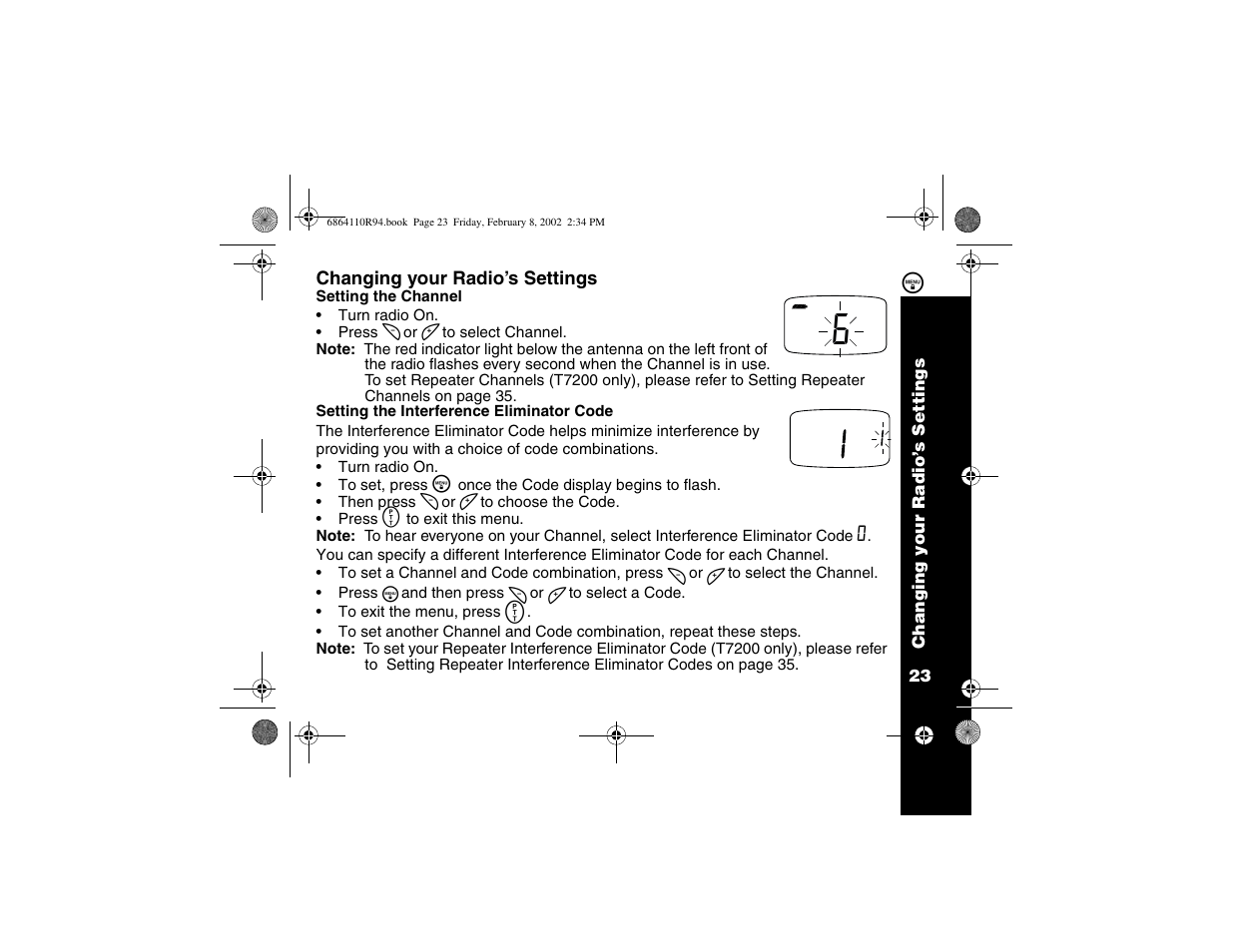 Changing your settings, Setting the channel, Setting the interference eliminator code | Motorola T7200 User Manual | Page 28 / 66