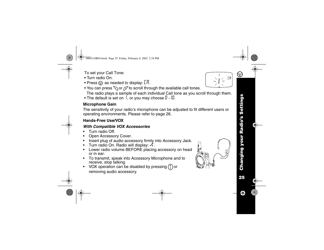 Mic gain, Hands free/vox, With vox accessories | Motorola T7200 User Manual | Page 30 / 66