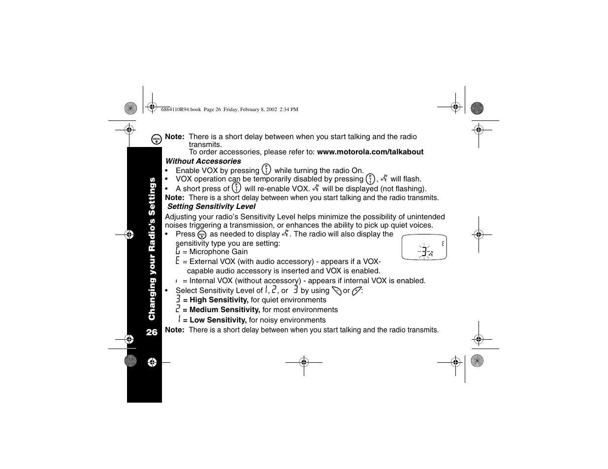 Without vox accessories, Setting sensitivity levels | Motorola T7200 User Manual | Page 31 / 66