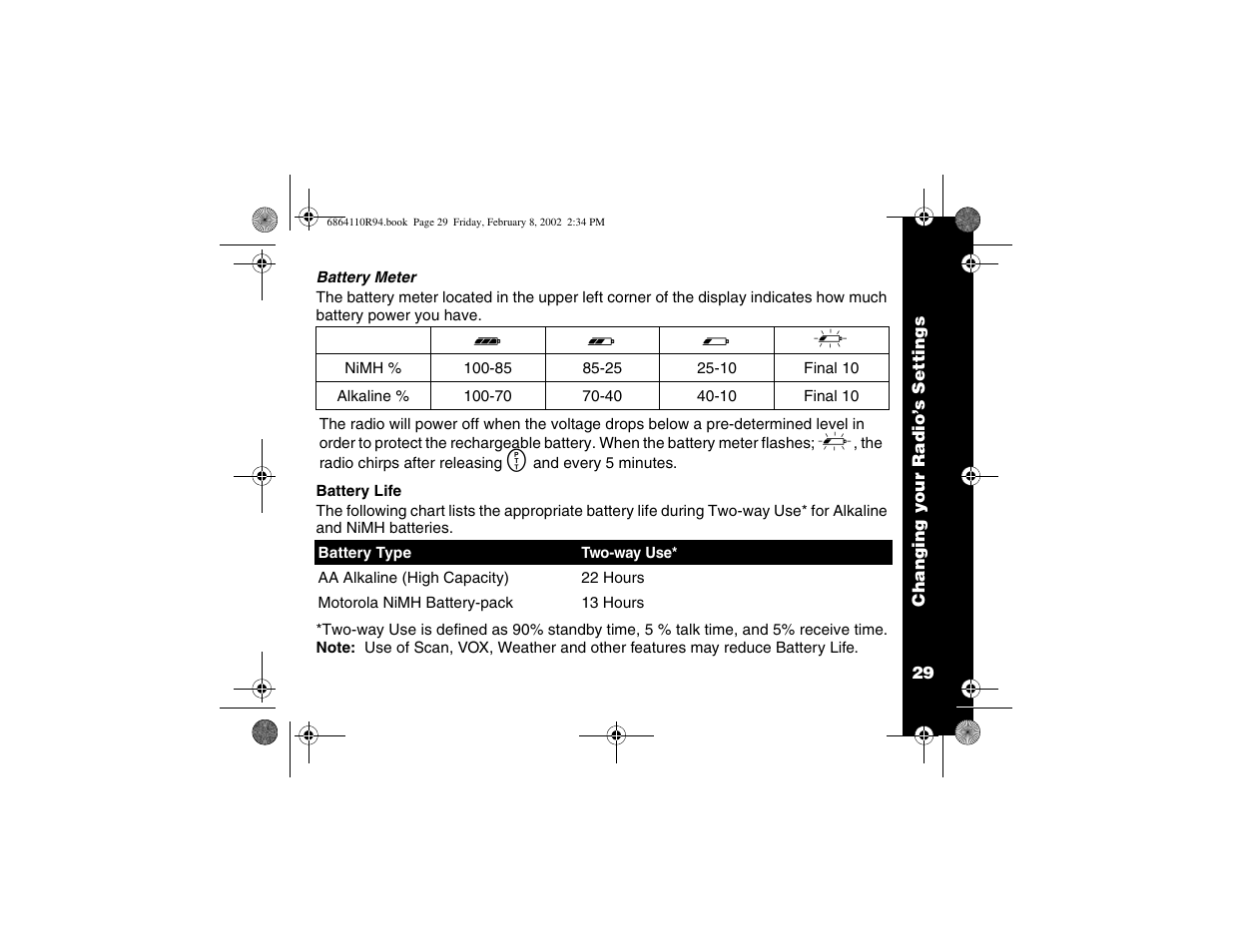 Battery meter, Battery type and life | Motorola T7200 User Manual | Page 34 / 66