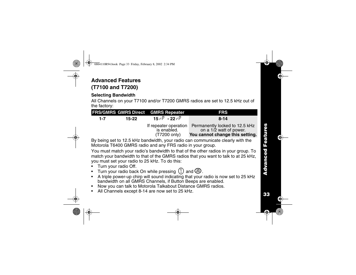 Advanced features, Selecting bandwidth | Motorola T7200 User Manual | Page 38 / 66