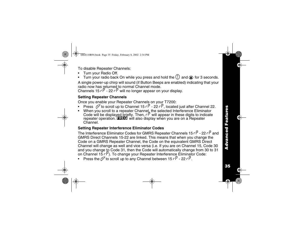 Setting repeater channels, Setting repeater interference eliminator codes | Motorola T7200 User Manual | Page 40 / 66
