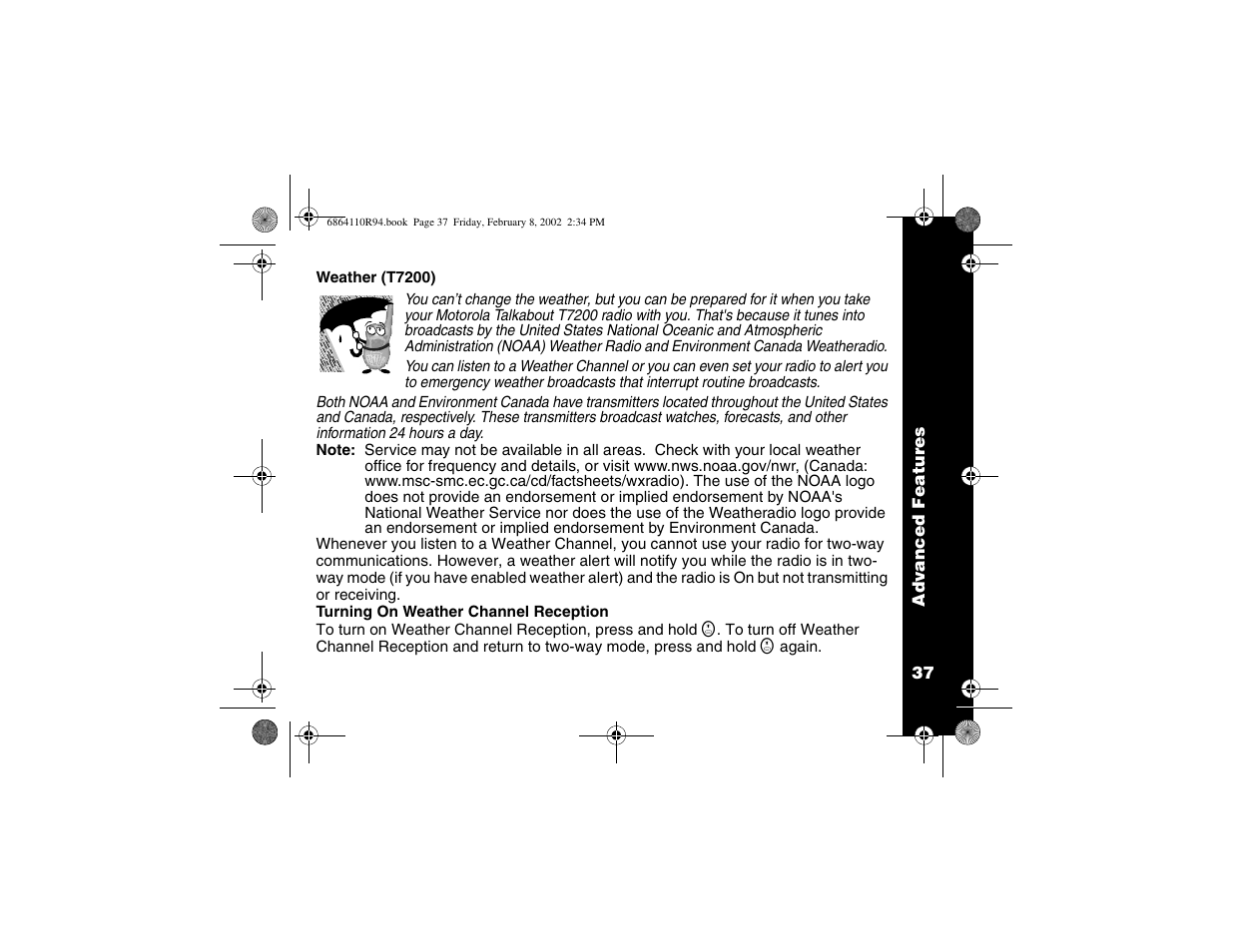 Weather, Turning on weather channel reception | Motorola T7200 User Manual | Page 42 / 66