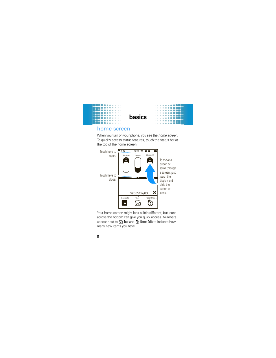 Home screen, Basics | Motorola Evoke 68000201587-B User Manual | Page 10 / 44