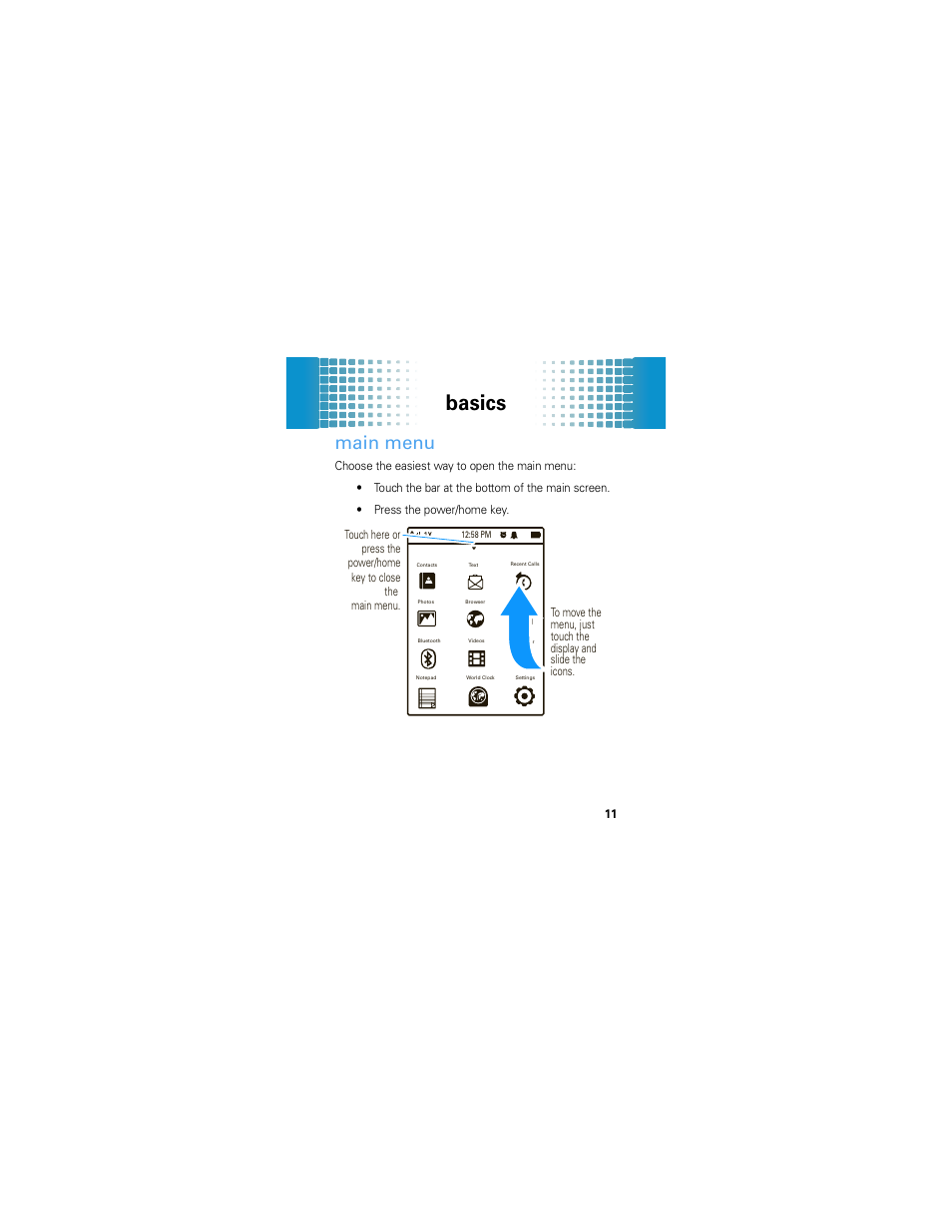 Main menu, Basics | Motorola Evoke 68000201587-B User Manual | Page 13 / 44