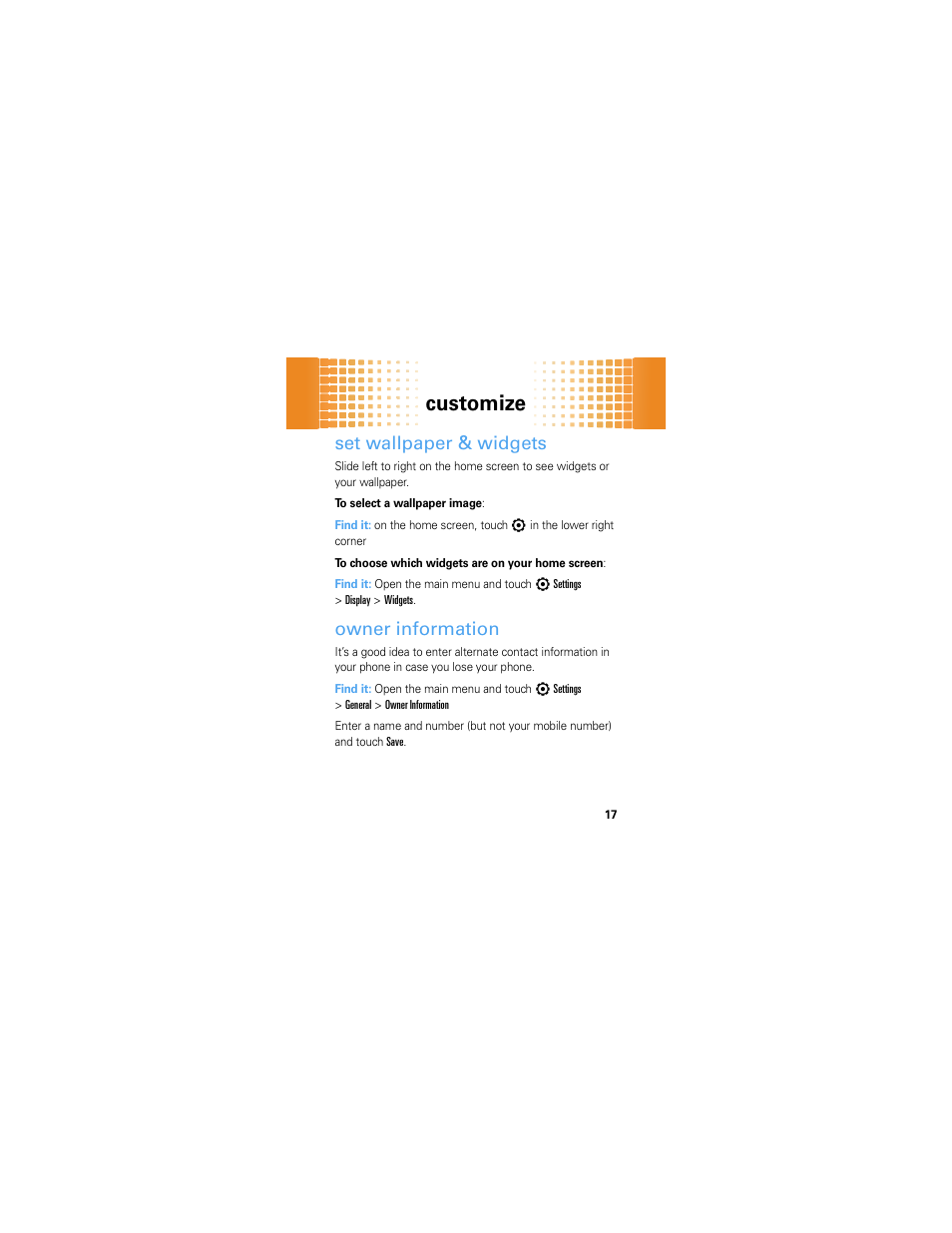 Set wallpaper & widgets, Owner information, Customize | Motorola Evoke 68000201587-B User Manual | Page 19 / 44