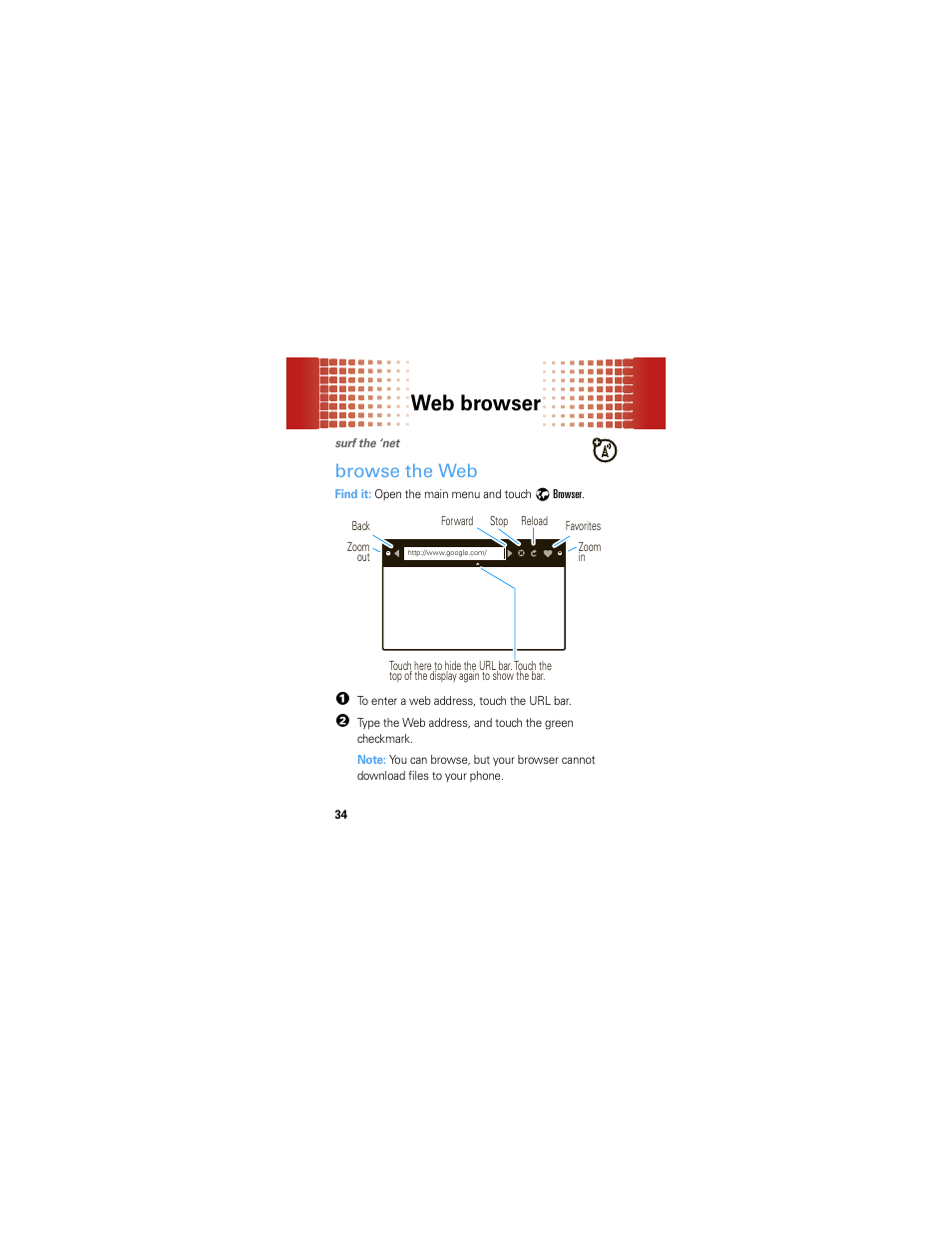 Web browser, Browse the web | Motorola Evoke 68000201587-B User Manual | Page 36 / 44