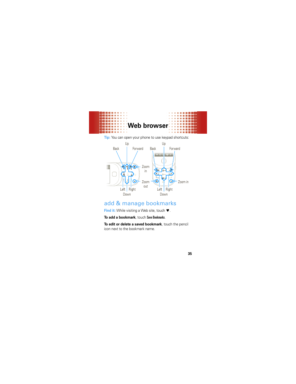 Add & manage bookmarks, Web browser | Motorola Evoke 68000201587-B User Manual | Page 37 / 44