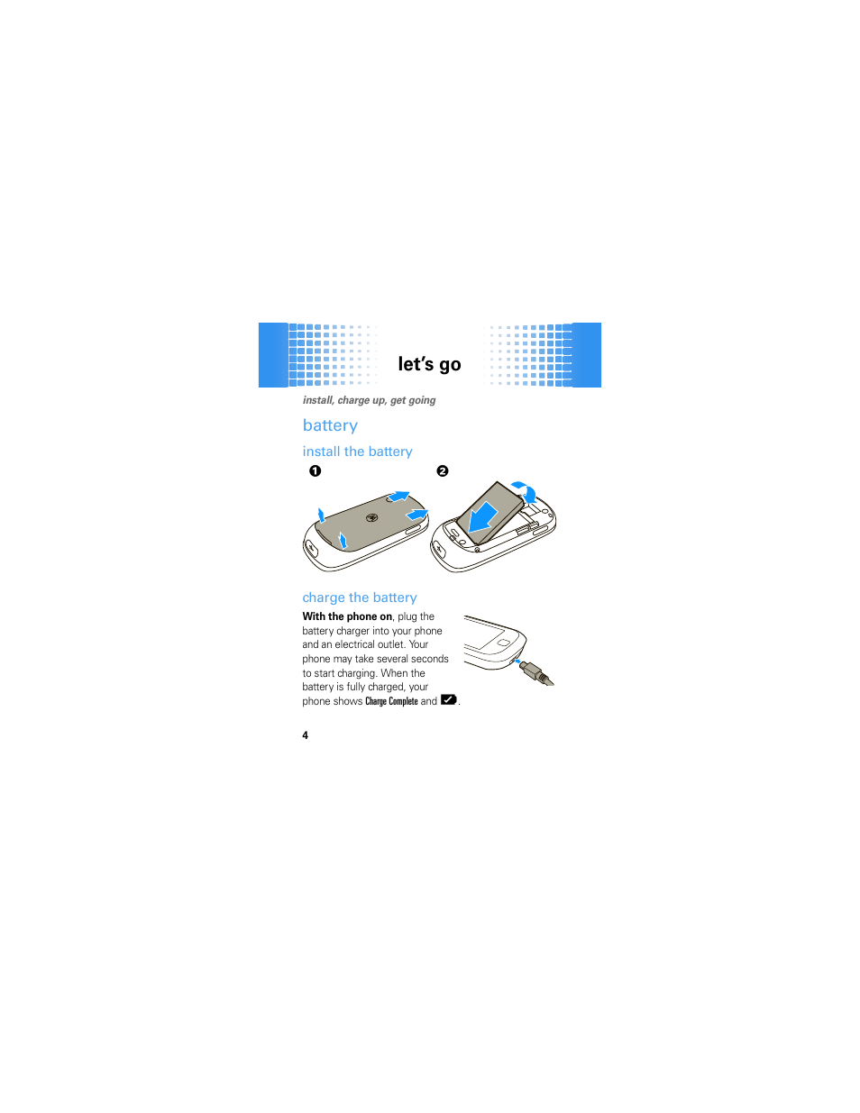 Let’s go, Battery | Motorola Evoke 68000201587-B User Manual | Page 6 / 44