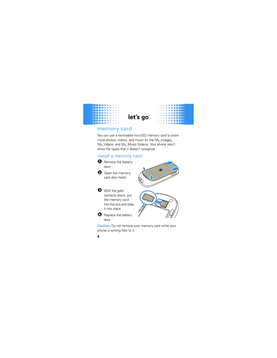 Memory card, Let’s go | Motorola Evoke 68000201587-B User Manual | Page 8 / 44