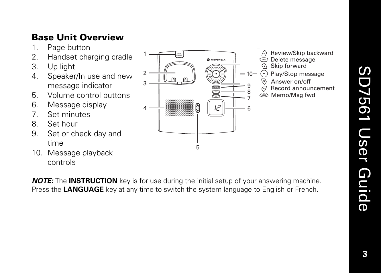 Sd7561 user guide, 3base unit overview | Motorola SD7561 User Manual | Page 15 / 60