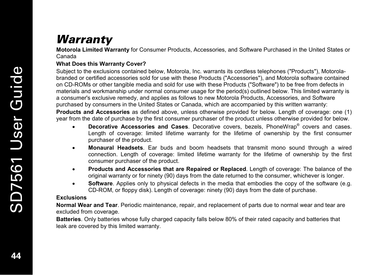 Sd7561 user guide, Warranty | Motorola SD7561 User Manual | Page 56 / 60