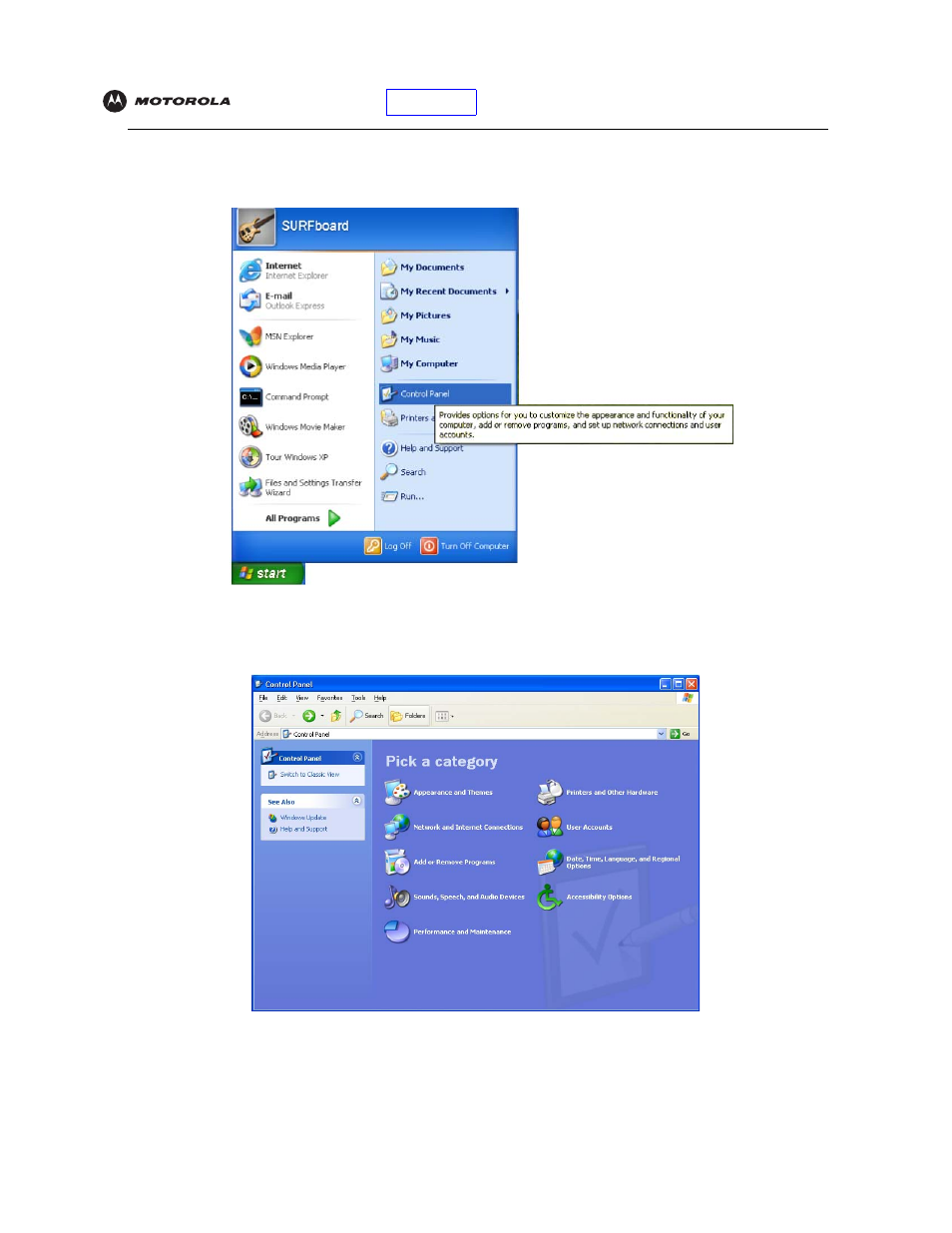 Configuring tcp/ip in windowsxp, Configuring tcp/ip in windows xp | Motorola SBV5121 User Manual | Page 34 / 58