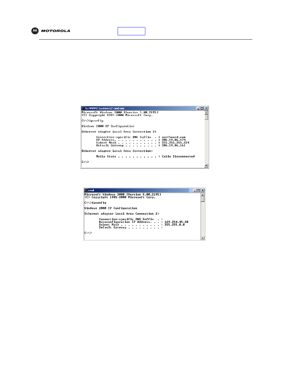 Verifying the ip address in windows, 2000 or windows xp | Motorola SBV5121 User Manual | Page 39 / 58