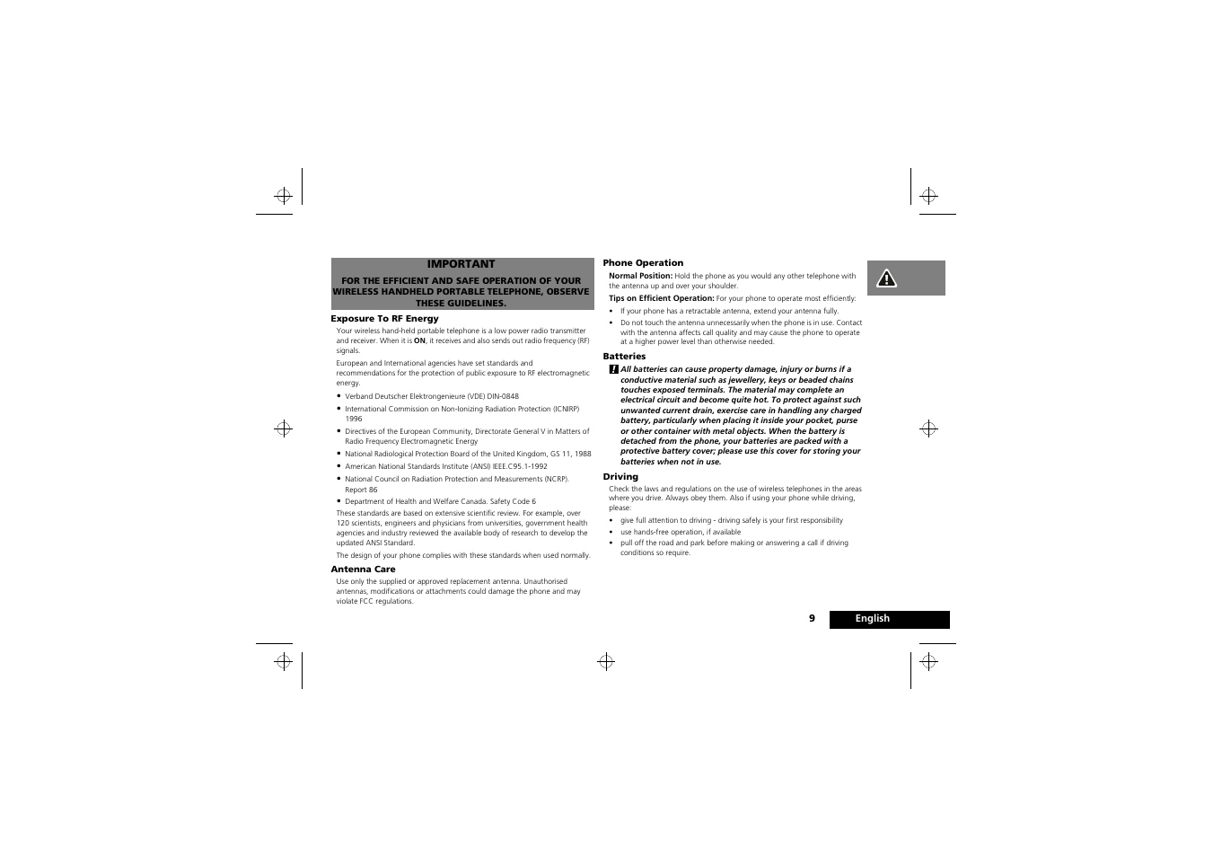 Safety information for wireless handheld phones | Motorola 900 series User Manual | Page 13 / 84