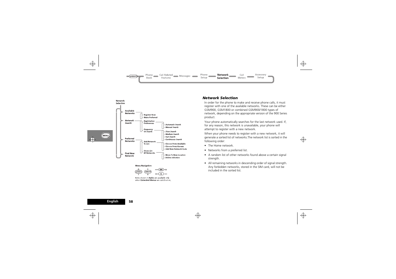 Network selection menu | Motorola 900 series User Manual | Page 62 / 84