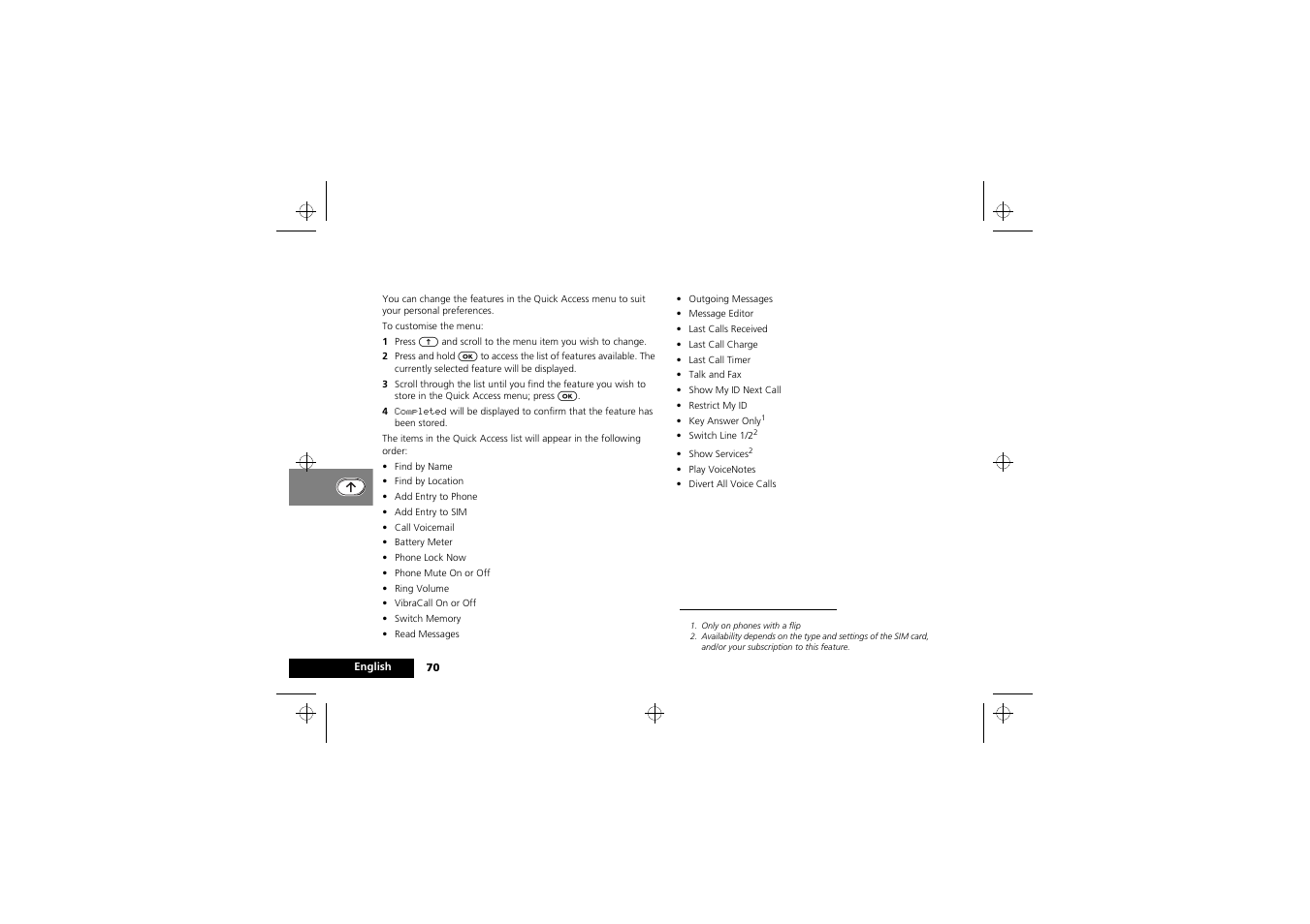 Customising the quick access menu | Motorola 900 series User Manual | Page 74 / 84