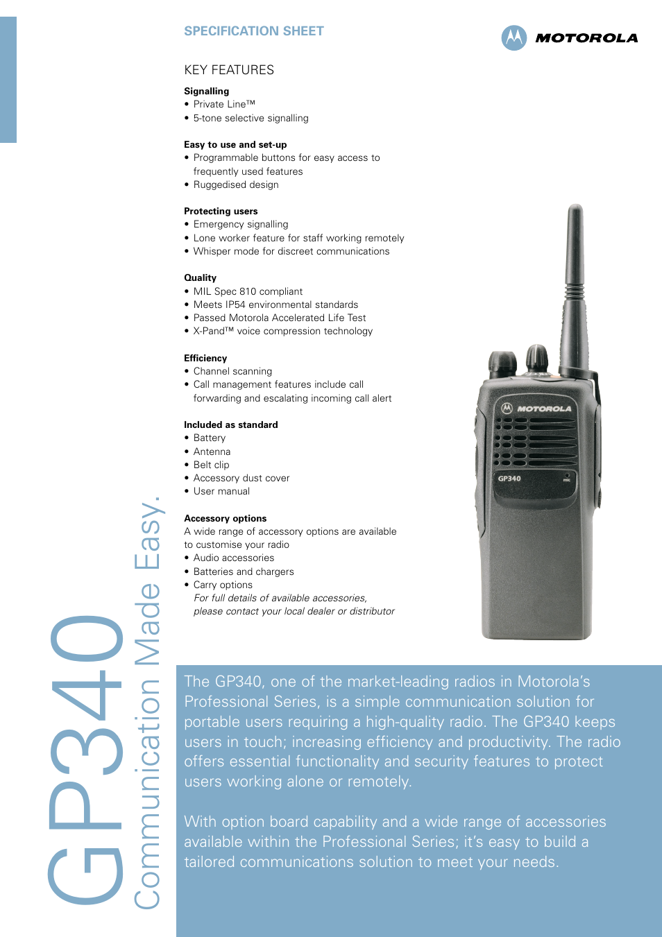 Motorola Professional Series Radio GP340 User Manual | 2 pages