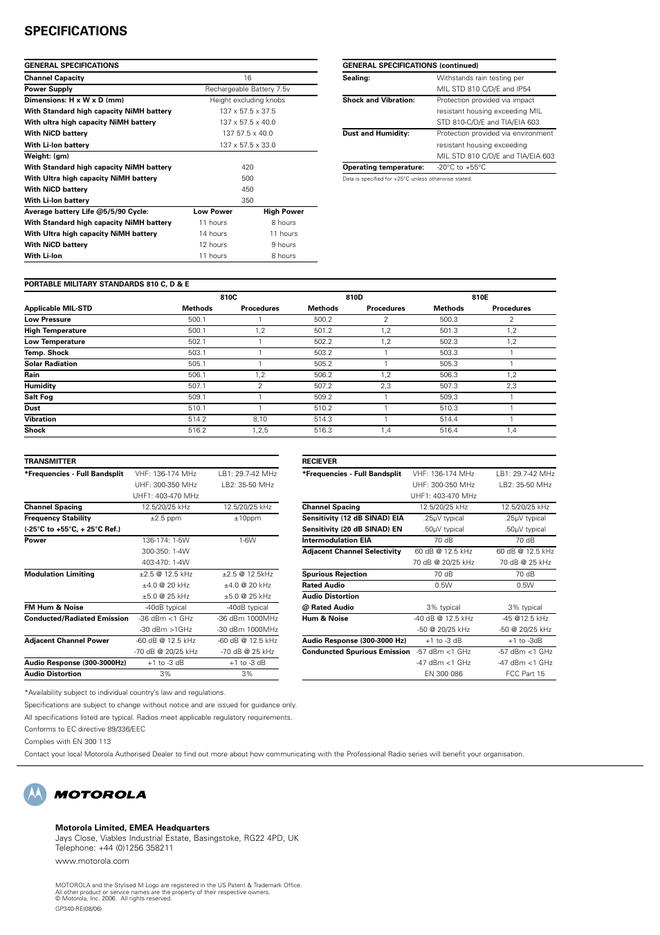 Specifications | Motorola Professional Series Radio GP340 User Manual | Page 2 / 2