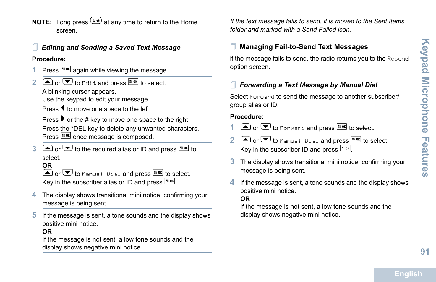 Editing and sending a saved text message, Managing fail-to-send text messages, Forwarding a text message by manual dial | Forwarding a text message by, Manual dial, Managing fail-to-send text, Messages, Age 91), Keyp ad mic rophone fe atures | Motorola XPR 5550 User Manual | Page 102 / 118