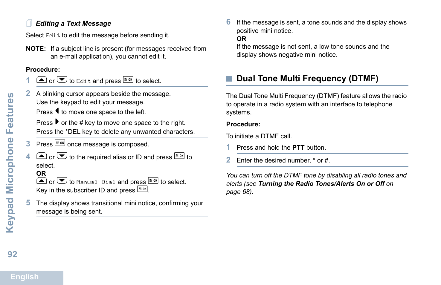 Editing a text message, Dual tone multi frequency (dtmf), Editing a text message o | Keyp ad mic rophone fe ature s | Motorola XPR 5550 User Manual | Page 103 / 118