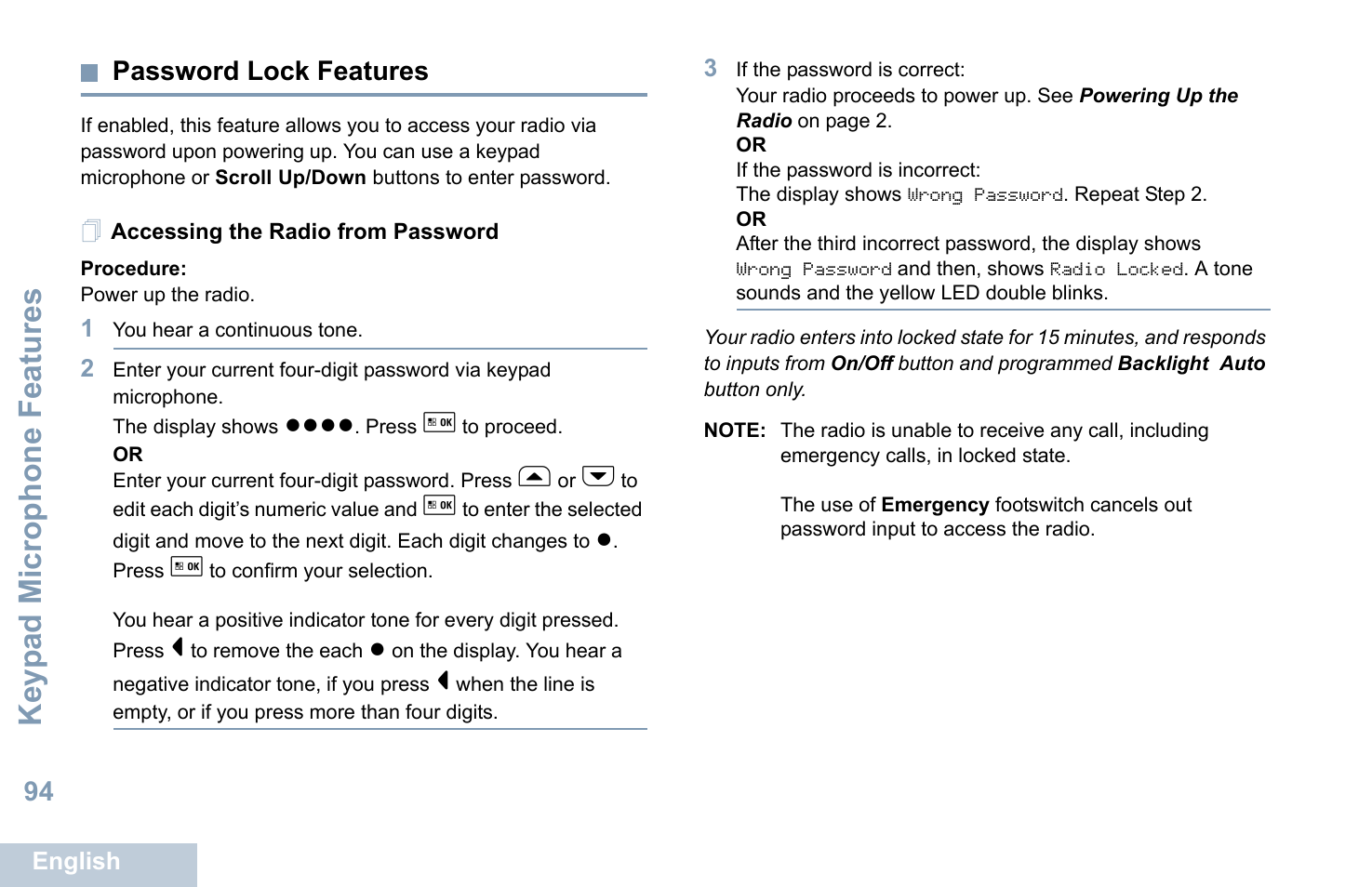 Password lock features, Accessing the radio from password, Keyp ad mic rophone fe ature s | Motorola XPR 5550 User Manual | Page 105 / 118