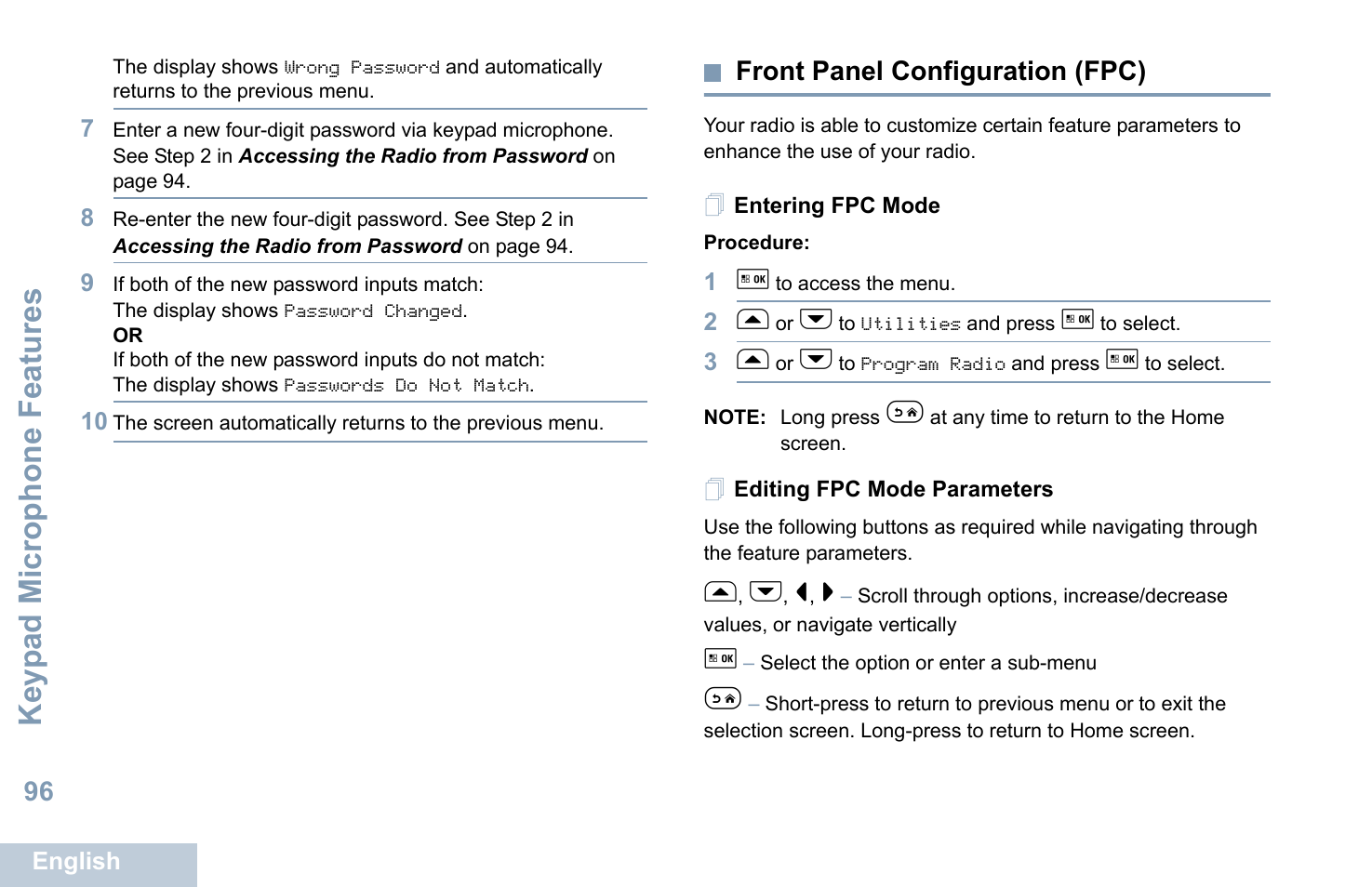 Front panel configuration (fpc), Entering fpc mode, Editing fpc mode parameters | Entering fpc mode editing fpc mode parameters, Keyp ad mic rophone fe ature s | Motorola XPR 5550 User Manual | Page 107 / 118