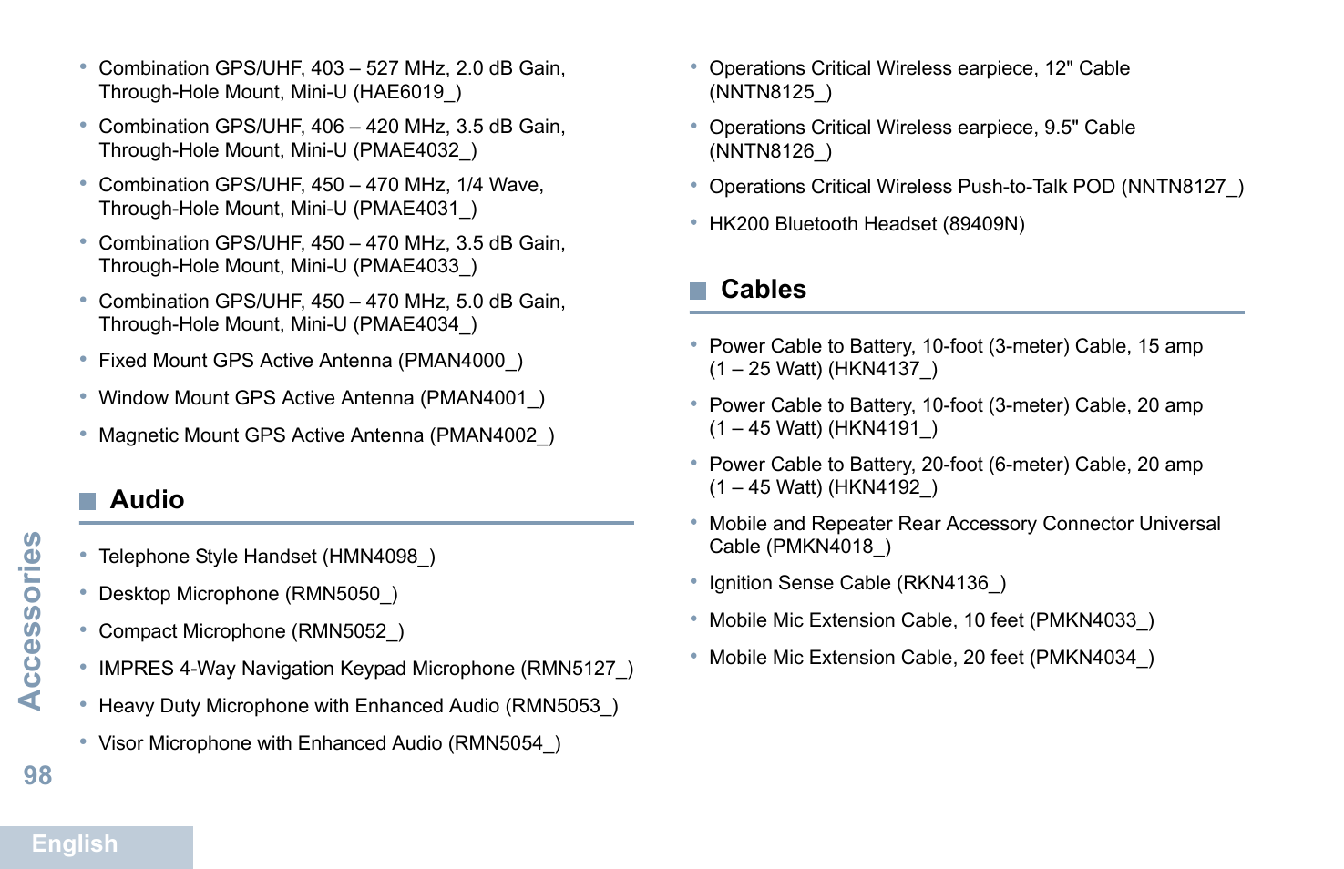 Audio, Cables, Audio cables | Accessories | Motorola XPR 5550 User Manual | Page 109 / 118