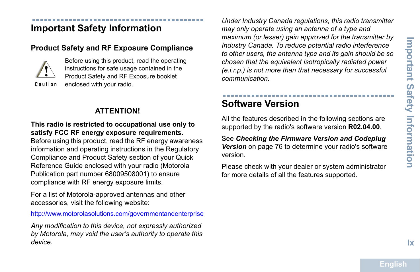 Important safety information, Product safety and rf exposure compliance, Software version | Product safety and rf exposure compliance . . .ix, Import ant safety information | Motorola XPR 5550 User Manual | Page 11 / 118
