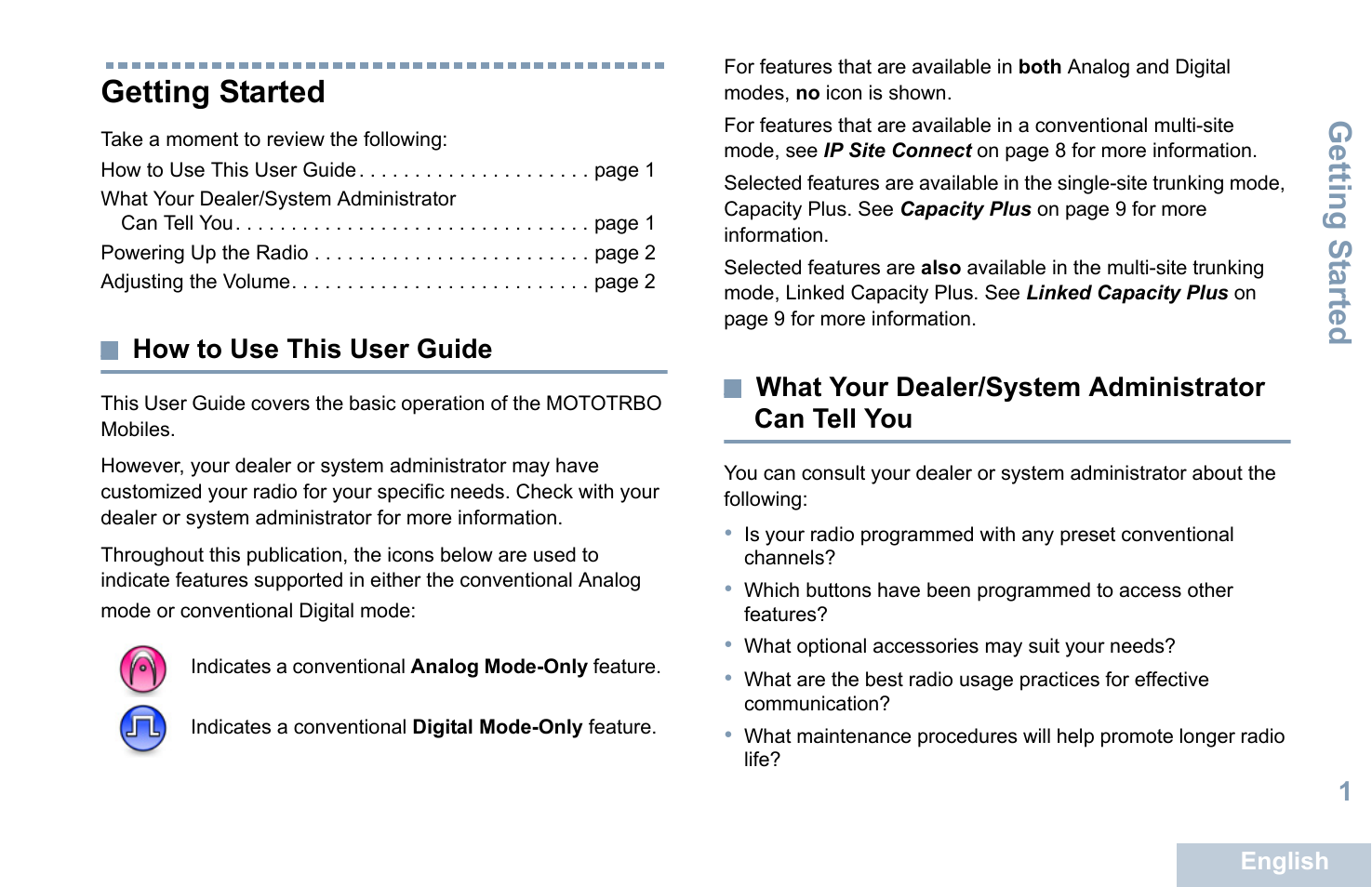 Getting started, How to use this user guide, What your dealer/system administrator can tell you | Getting s tarted | Motorola XPR 5550 User Manual | Page 13 / 118